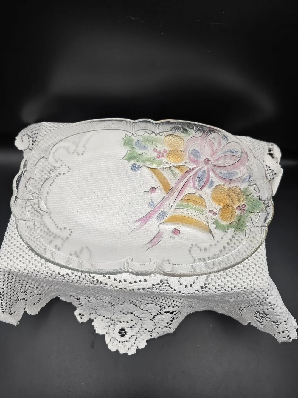 Festive Decorative Glass Holiday Platter with Bell and Pinecone Motif